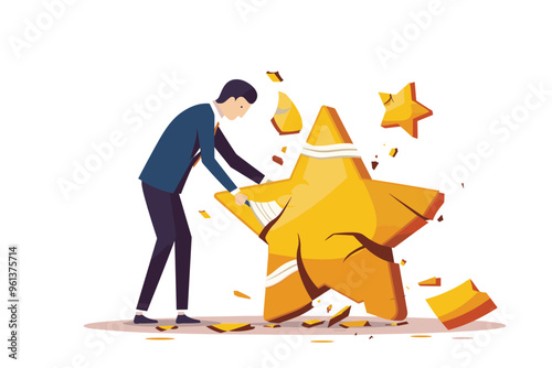 Manager Repairing Broken Rating Star with Bandage to Fix Customer Trust and Experience Issues