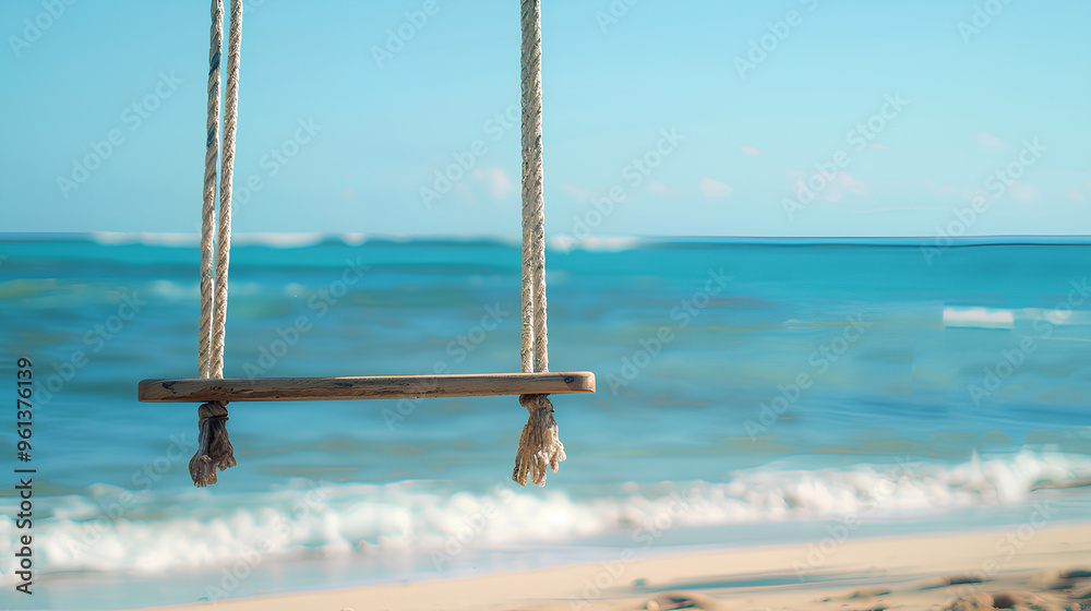 Obraz premium ooden swing hanging from the sky on an empty beach, with white sand and turquoise water in the background, rope and wood swing on the white sandy shore of beige color