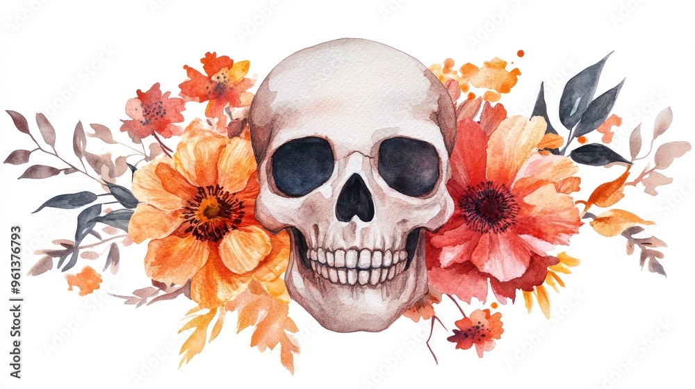 Fototapeta premium A Vibrant Watercolor Composition Featuring a Skull Surrounded by Blooming Flowers