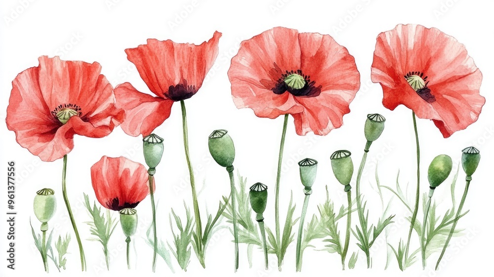 Fototapeta premium Vibrant Watercolor Depiction of Red Poppies in Bloom