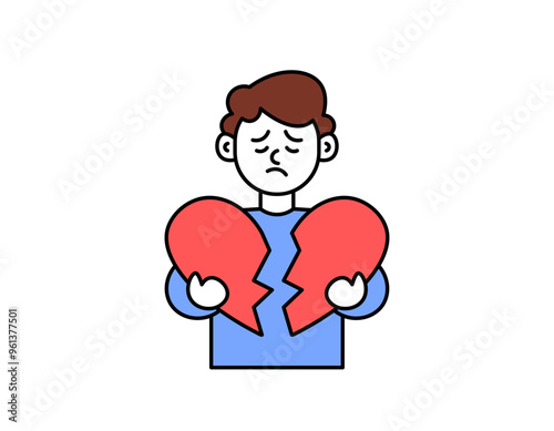 broken heart concept. breakup. illustration of a man holding a heart broken in half. sad and upset facial expression. love or romance problems. outline style character design. element