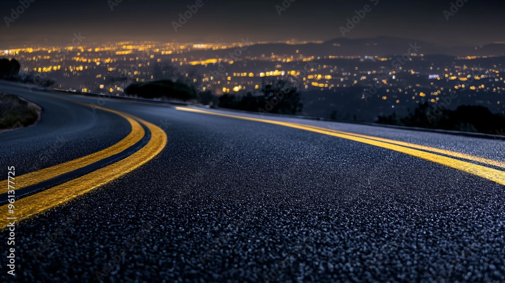 An asphalt road curves through the night, leading towards a distant cityscape. The road is sharply focused, while the background city lights blur, creating a sense of depth and movement. An asphalt road curves through the night, leading towards a distant cityscape. The road is sharply focused, while the background city lights blur, creating a sense of depth and movement.