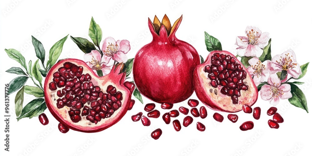 Vibrant Watercolor Illustration of Pomegranate and Blossoms Celebrating Nature's Bounty Vibrant Watercolor Illustration of Pomegranate and Blossoms Celebrating Nature's Bounty