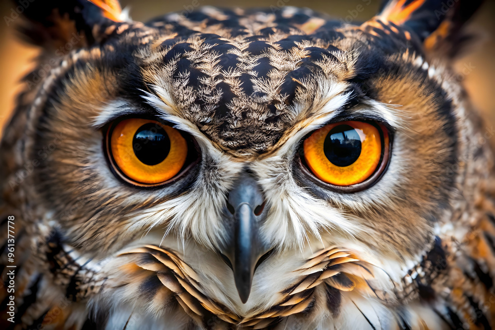 Piercing Gaze of Wisdom: A majestic Eurasian Eagle Owl locks eyes with intensity, its amber gaze radiating intelligence and power. 