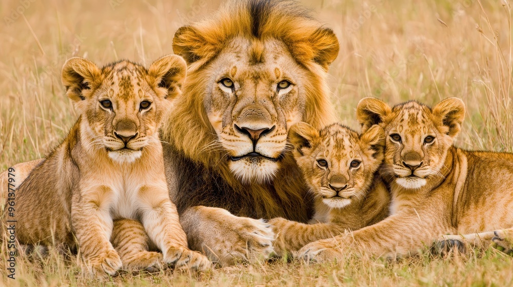 Lion Pride Family Portrait with Cubs in Grass Lion Pride Family Portrait with Cubs in Grass