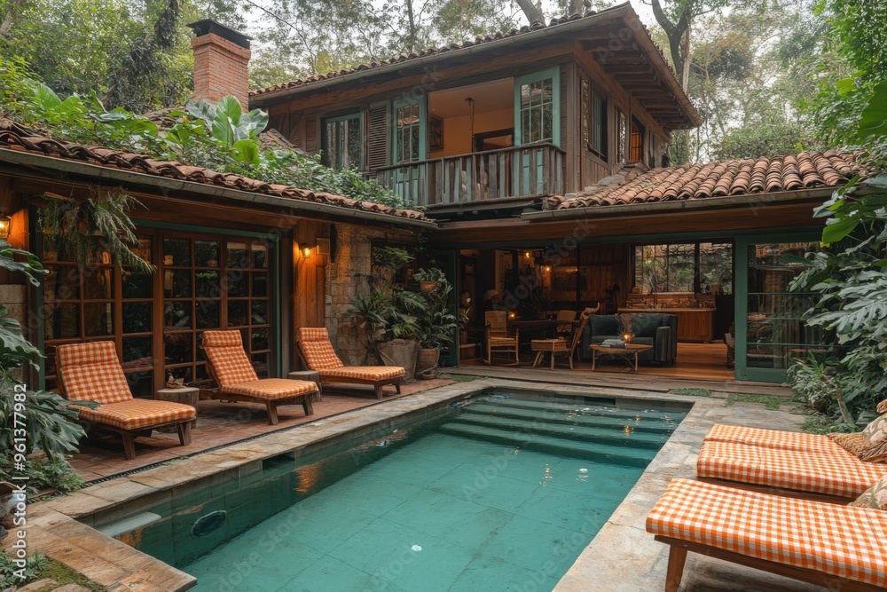 custom made wallpaper toronto digitalThe outdoor space reveals a serene pool area with lounge chairs, nestled among vibrant vegetation