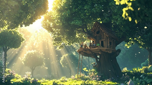 A 3D cartoon forest adventure with children exploring by a stream, a vibrant sky above, leaving room for text.