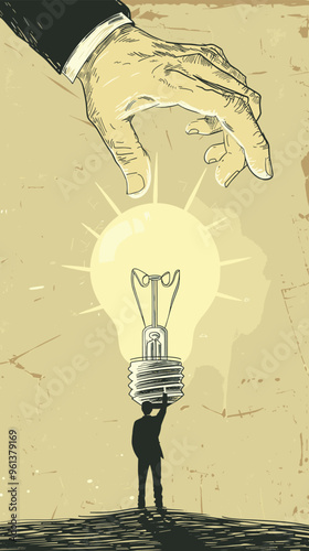 Mentor Drawing Giant Hand to Guide Businessman from Old to New Shiny Lightbulb Idea in Brainstorming Session