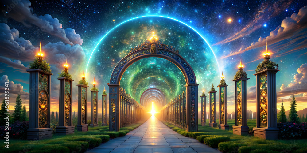 Cosmic Gateway: A celestial portal, a shimmering passageway to the unknown, invites the viewer to embark on a journey of wonder and discovery. The path ahead is illuminated by celestial light Cosmic Gateway: A celestial portal, a shimmering passageway to the unknown, invites the viewer to embark on a journey of wonder and discovery. The path ahead is illuminated by celestial light