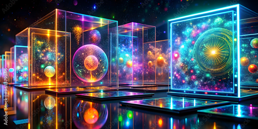 Neon Prismatic Spheres in Glass Cubes: A mesmerizing display of vibrant, glowing spheres encased in transparent glass cubes, bathed in a kaleidoscope of neon light against a dark backdrop. 