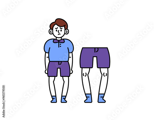 concept of O-legs or bowlegs. genu varum. symptoms of blount's disease. bone disorders. illustration of a boy with O-shaped legs. problems with body shape. outline style character design. elements