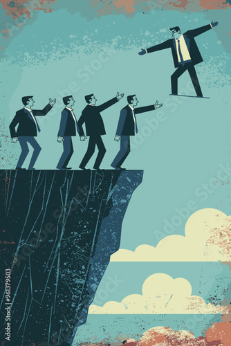 Incompetent Boss Pointing Employees to Jump Off Cliff, Symbolizing Wrong Decision Making and Leadership Mistakes