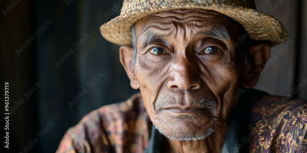 Close up of an elderly man wearing a straw hat. Close up of an elderly man wearing a straw hat.