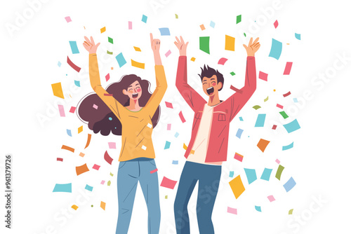 Happy and Lucky Couple or Friends Celebrating Winning Lottery or Contest, Big Box with Confetti and Cash Money Prize, Rewarding Victory