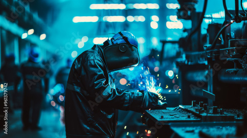 Welder working in a bright industrial workshop at night, sparks flying and machinery humming