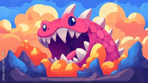 A colossal lavafilled stone worm awakens within an ancient volcano, letting out a chilling roar in this cartoonstyle art. photo