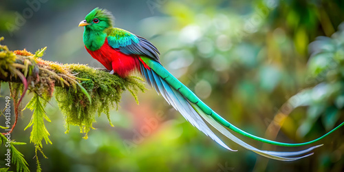 Resplendent Quetzal Perched on Mossy Branch: A vivid, close-up portrait of a Quetzal, its vibrant emerald, red, and turquoise plumage contrasting beautifully against the lush green foliage of its rain