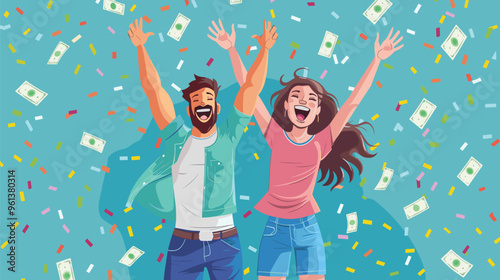 Happy and Lucky Couple or Friends Celebrating Winning Lottery or Contest, Big Box with Confetti and Cash Money Prize, Rewarding Victory