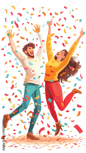 Happy and Lucky Couple or Friends Celebrating Winning Lottery or Contest, Big Box with Confetti and Cash Money Prize, Rewarding Victory