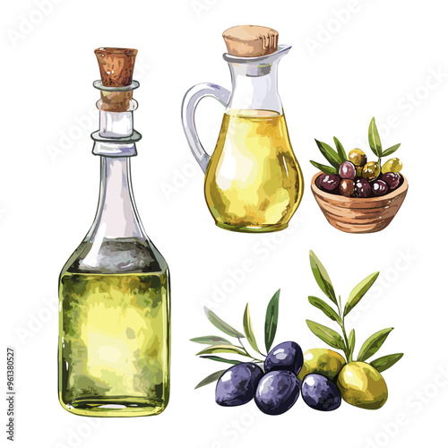 Olive Oil and Vinegar Watercolor Clipart