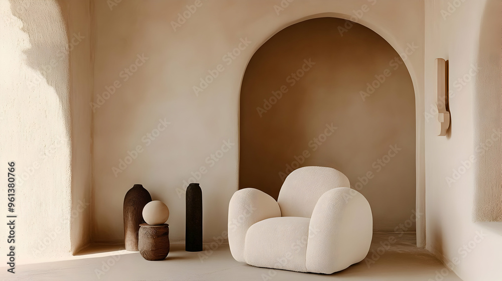 Fototapeta premium A minimalist interior featuring a plush armchair and decorative vases in warm tones.