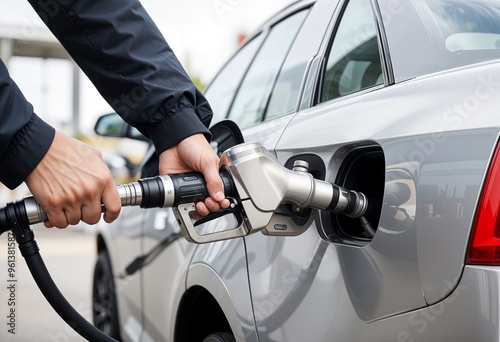 Hand of an adult man refueling a car at a gas station