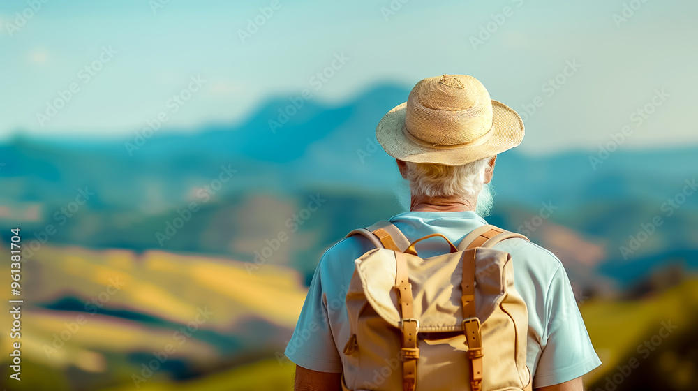 An older man stands quietly, gazing at the expansive mountain landscape. He wears a backpack and a straw hat, embracing the tranquility of nature during his vacation An older man stands quietly, gazing at the expansive mountain landscape. He wears a backpack and a straw hat, embracing the tranquility of nature during his vacation