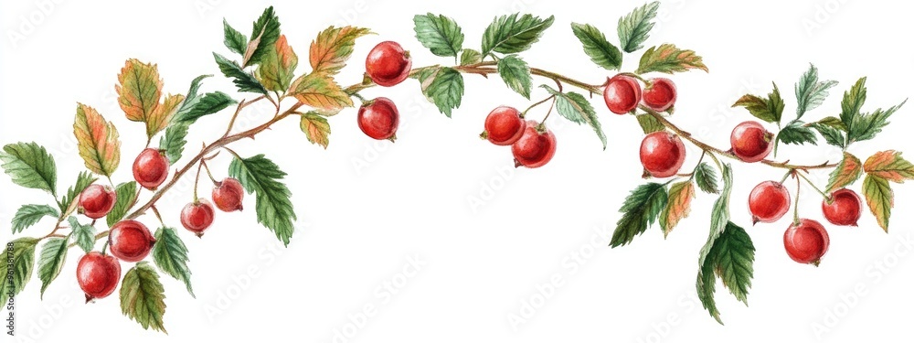 Vibrant Red Berries on a Leafy Branch: A Captivating Watercolor Botanical Illustration Vibrant Red Berries on a Leafy Branch: A Captivating Watercolor Botanical Illustration
