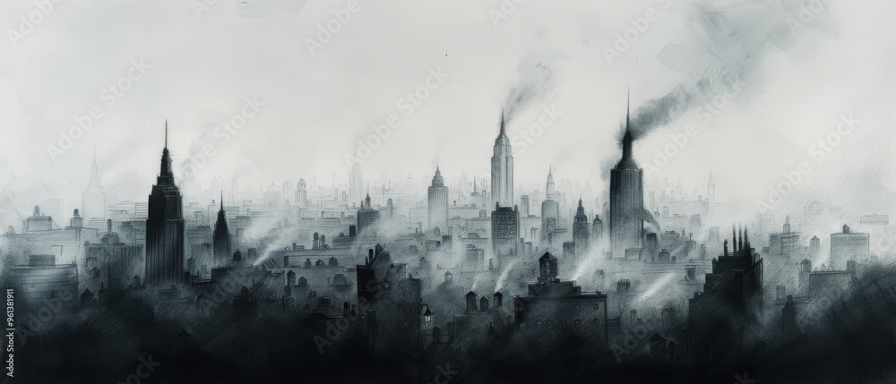 Fototapeta premium A black-and-white cityscape painting with smoke rising from its spires