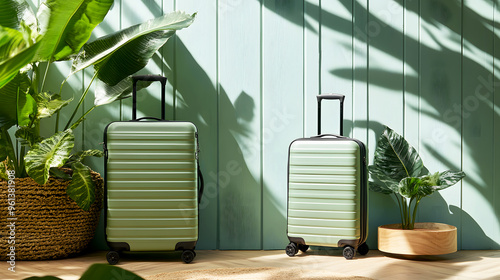 eco-friendly luggage set, made from biodegradable materials, displayed on a natural wooden floor photo