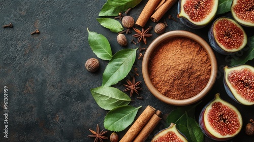 A small bowl filled with fig spice is surrounded by figs and various spices on a textured surface