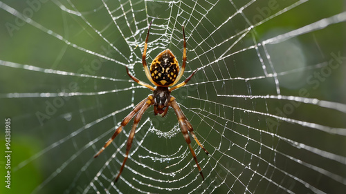 Spiderweb with Dewdrops: A mesmerizing close-up of a spider resting in its intricate web, adorned with glistening dewdrops. The image evokes a sense of wonder and the delicate beauty of nature.