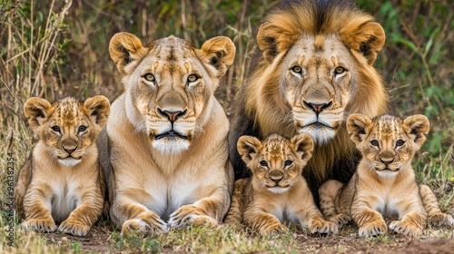Lion Family Portrait   Proud Parents with Adorable Cubs