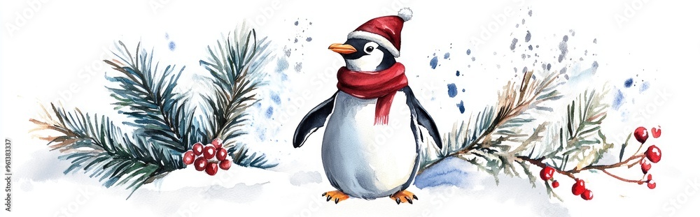 Fototapeta premium Adorable Penguin in Festive Scarf Amidst Winter Wonderland with Snow and Pine