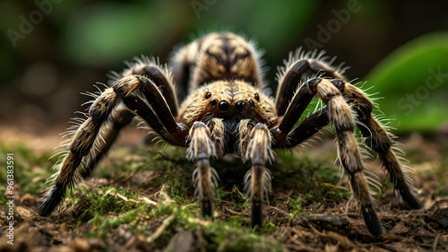 Close-Up Portrait of a Fuzzy Brown Tarantula Spider with Black Legs on Mossy Ground