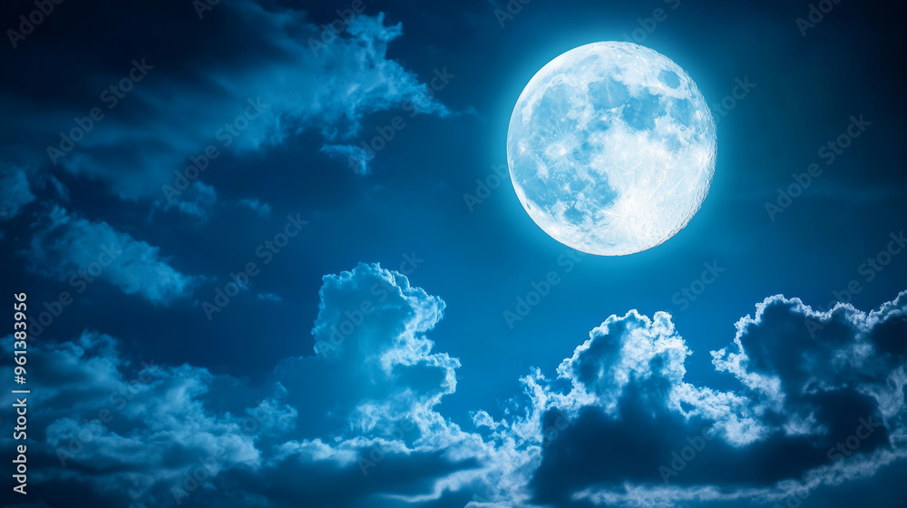Bright moon shining through partly cloudy night sky creates serene atmosphere. luminous moon casts gentle glow on clouds, enhancing beauty of night.