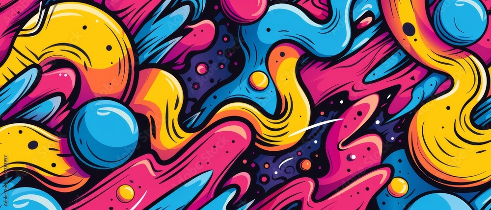 A vibrant backdrop adorned with variously sized and shaped paint strokes, each dot with a distinct droplet of paint A vibrant backdrop adorned with variously sized and shaped paint strokes, each dot with a distinct droplet of paint