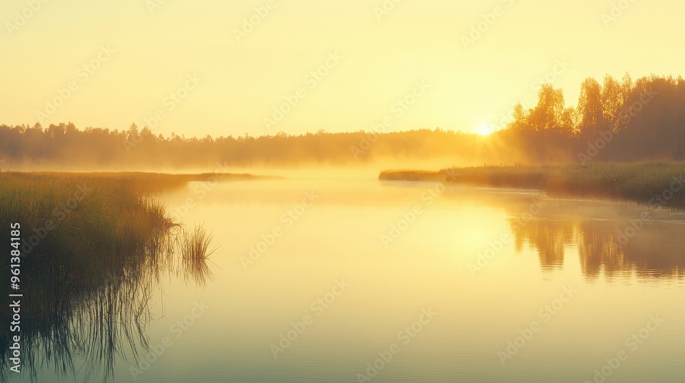 Obraz premium Golden Sunrise over Foggy Lake with Reflections
