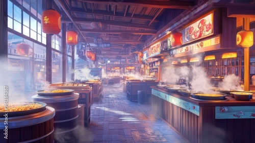 A 3D cartoon noodle shop in a bustling market, steam rising from bowls, with a spacious area above for adding a title or message. --ar 16:9 --v 6.1 Job ID: c0d0a8d5-86d7-4bd9-bf40-c65ad9039c35