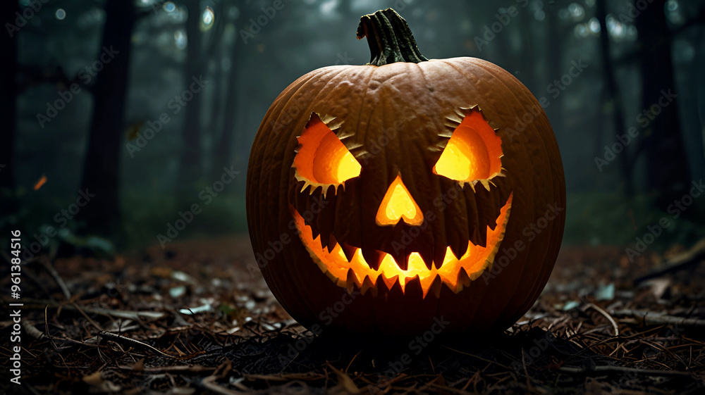 Halloween pumpkins in the forest at night. dry tree at full moon night. Ai Generative Halloween pumpkins in the forest at night. dry tree at full moon night. Ai Generative