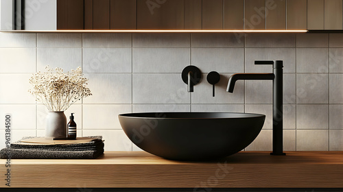 A modern bathroom sink setup featuring a black bowl sink and sleek faucet on a wooden countertop.