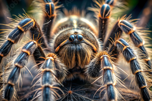 Tarantula Close-up: A mesmerizing macro photograph of a tarantula's intricate features, showcasing its hairy legs, sharp eyes, and menacing demeanor. The image captures the creature's raw beauty and e