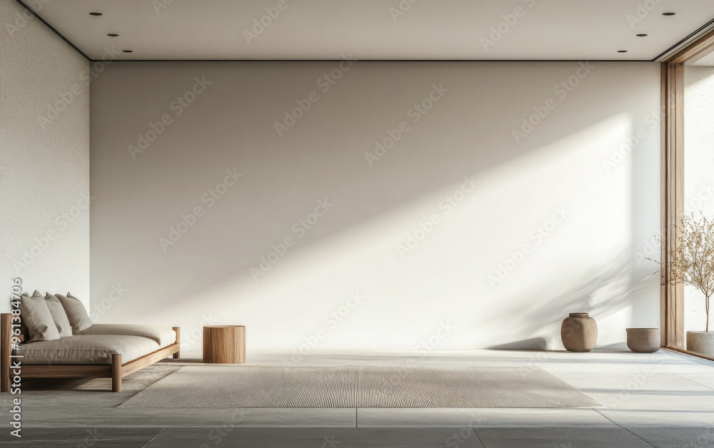 Fototapeta premium Stylish living room interior with minimalist furniture and decor. Mix of Japanese and Scandinavian minimalism composition
