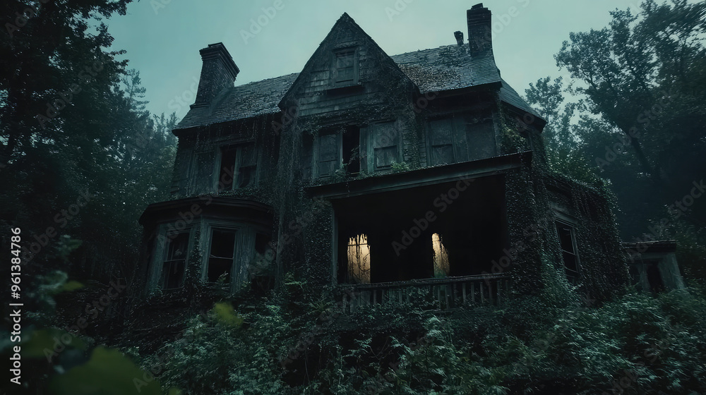 A haunted house with dark, shadowy figures visible in the windows, surrounded by overgrown weeds. A haunted house with dark, shadowy figures visible in the windows, surrounded by overgrown weeds.