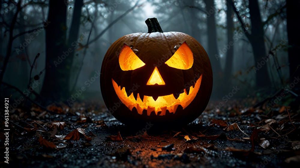 Halloween pumpkins in the forest at night. dry tree at full moon night. Ai Generative Halloween pumpkins in the forest at night. dry tree at full moon night. Ai Generative