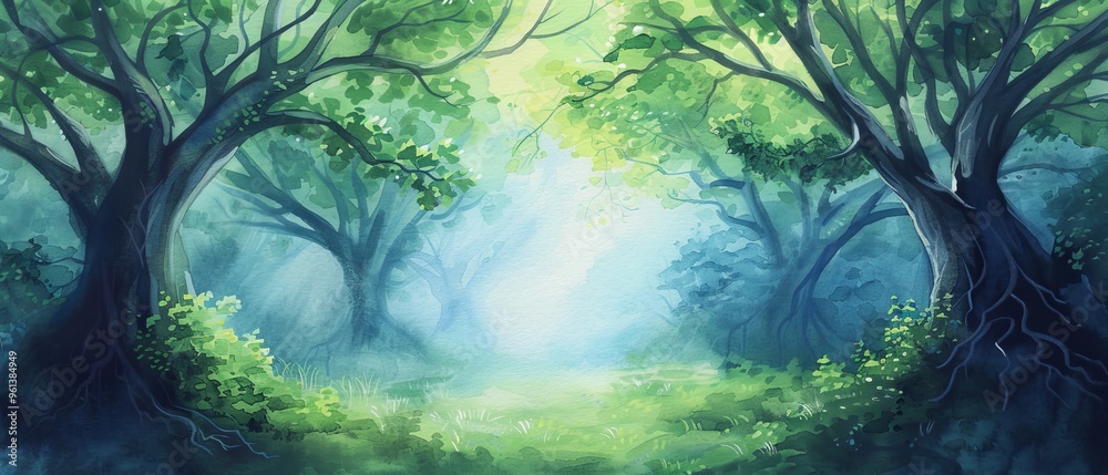 Fototapeta premium A lush green forest in a painting, sunlit trees, sunlight streaming, tree-lined path leads, forest center