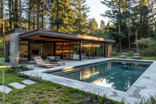 Modern home with pool and small wooden cabin, concrete patio with grassy yard, tall trees, and two lounge chairs in foreground. photo