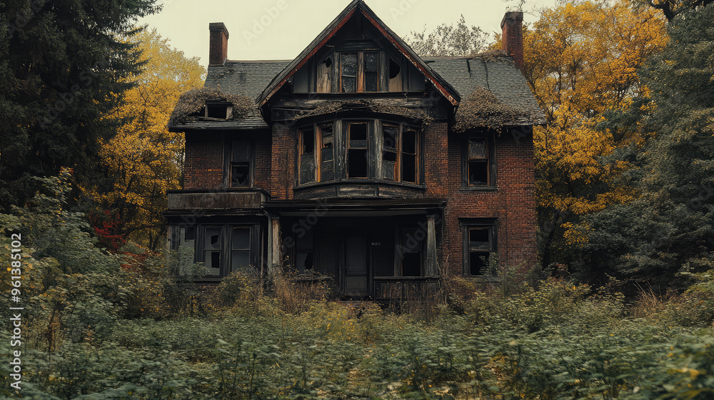 Fototapeta premium A haunted house with dark, shadowy figures visible in the windows, surrounded by overgrown weeds.