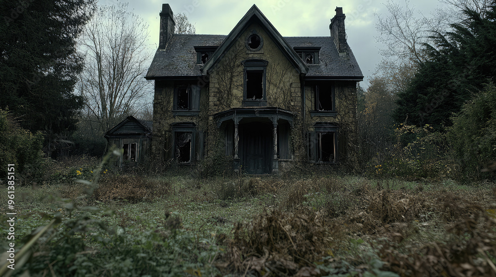 A haunted house with dark, shadowy figures visible in the windows, surrounded by overgrown weeds. A haunted house with dark, shadowy figures visible in the windows, surrounded by overgrown weeds.