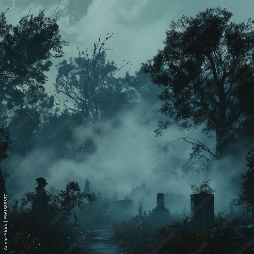 Obraz premium Spooky Halloween graveyard mist